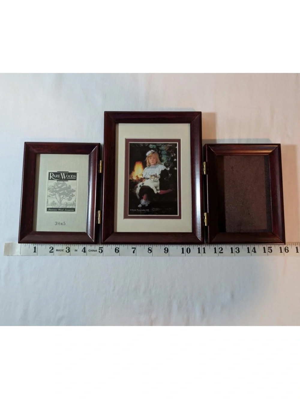 Rare Woods Triple Wooden Photo Frame- 2 3.5x5 and 1 5x7- Missing Glass One Panel